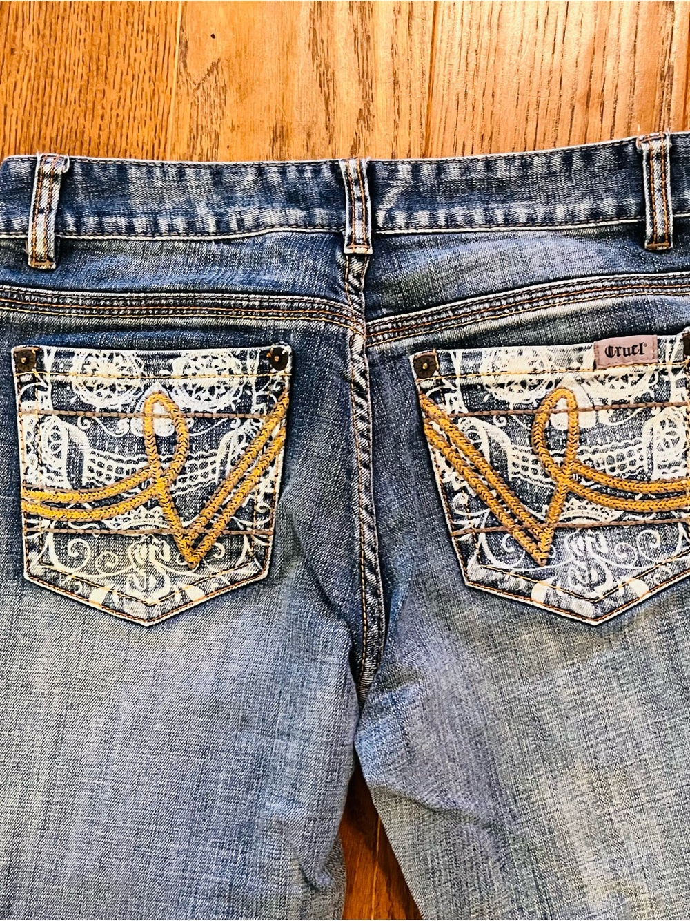 Cruel Girl Blue Denim Straight Leg Jeans with Yellow Embroidered Pockets